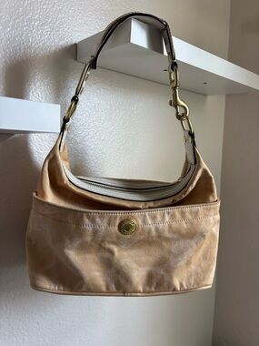 Coach Tan Canvas Shoulder Bag with Gold Hardware